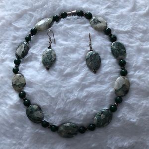 Jade stone magnetic necklace and matching earrings
